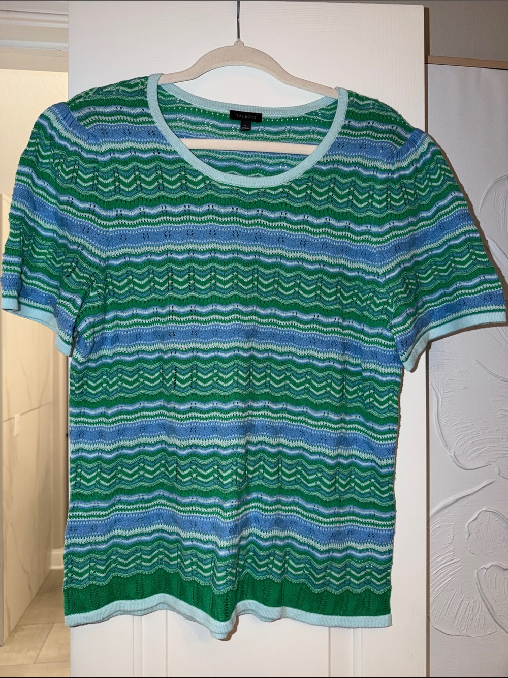 Talbots Green and Light Blue Striped Short-Sleeve Sweater Top Like New Size M